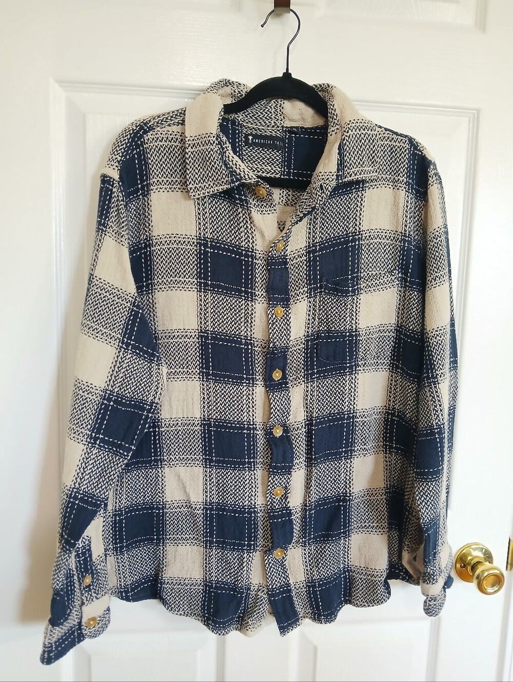 American Tall Navy and Cream Waffle Knit Plaid Casual Button-Down Shirt Cozy